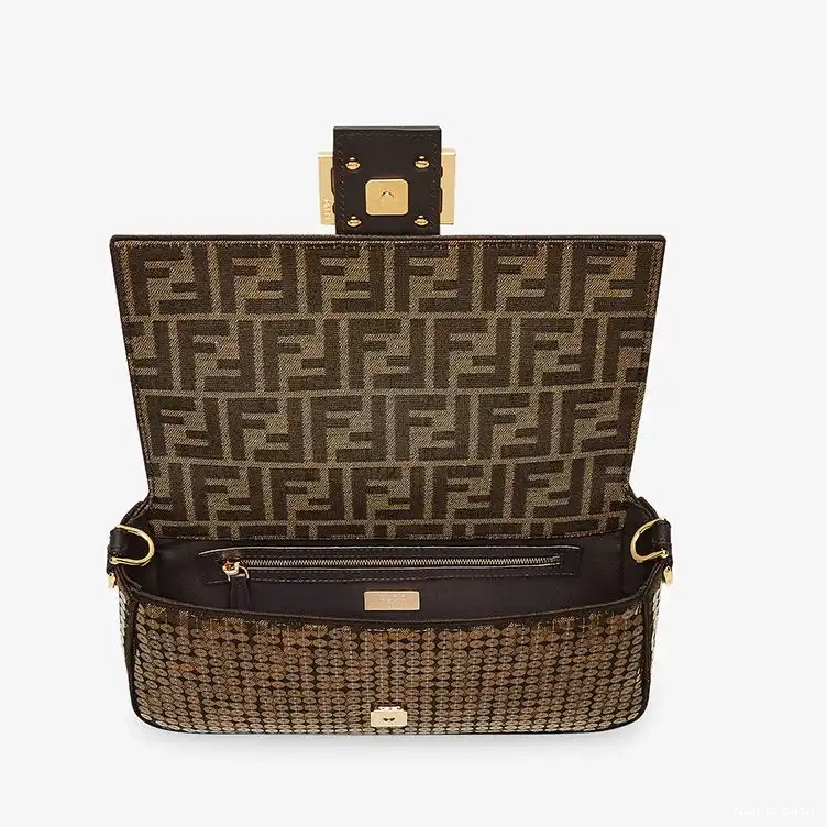 Affordable HOT Bag Sequins Medium Fabric Motif with FF Brown In Fendi Baguette 0412
